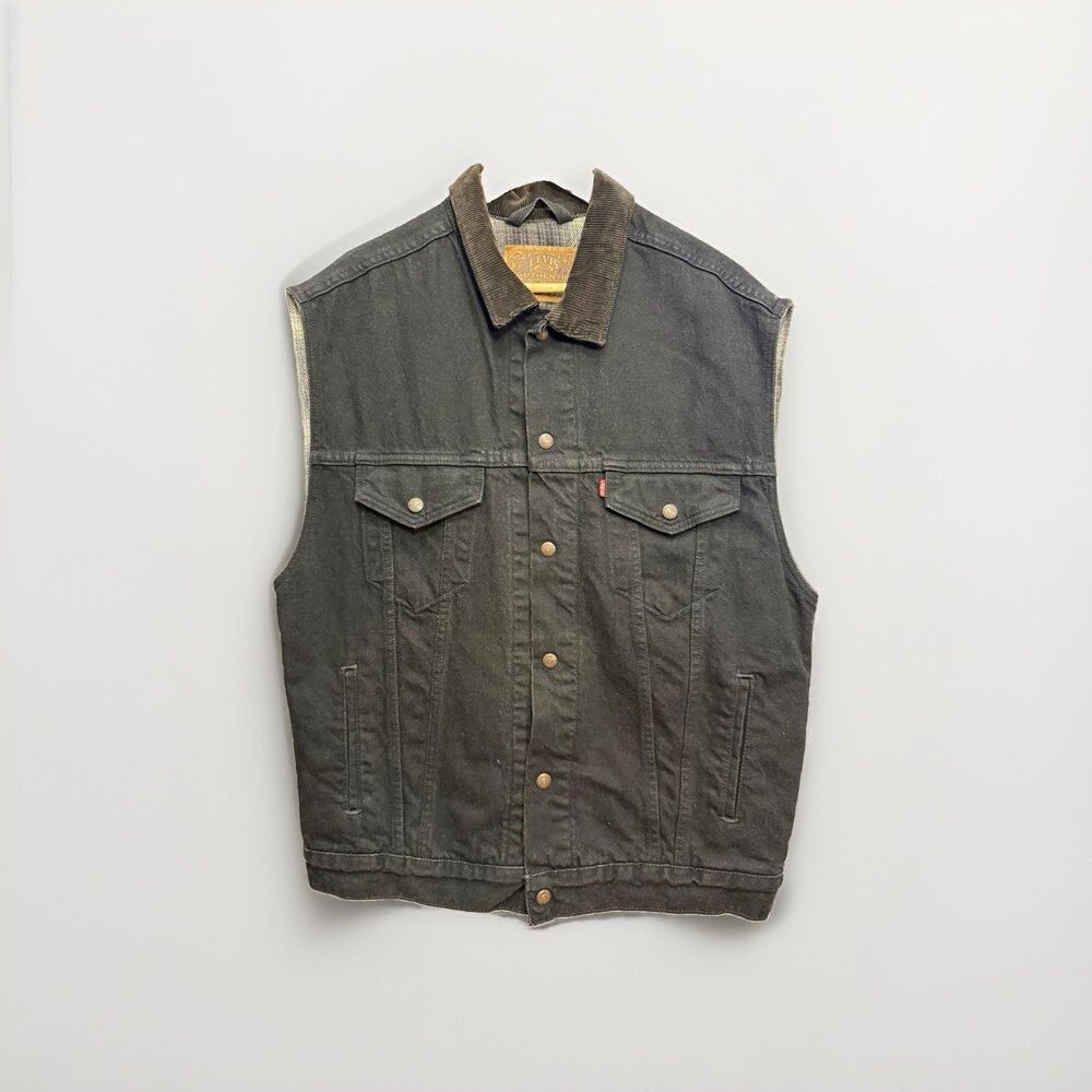 Levi’s Sherpa Lined Black Denim Trucker Vest Corduroy Collar Men’s L Vintage